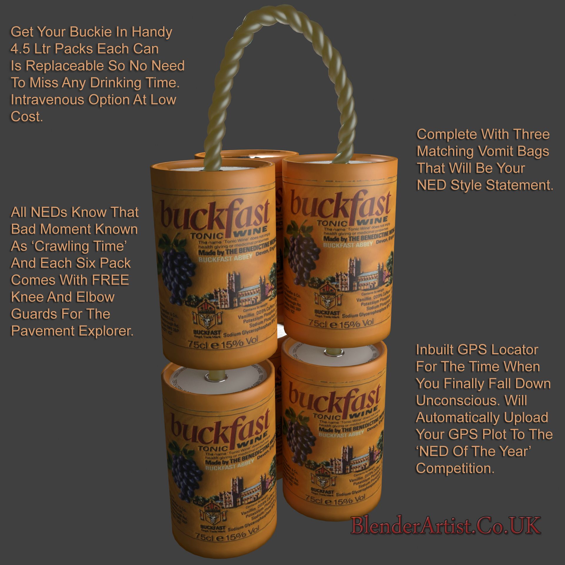 A new style of Buckie consumption is now available. In these handy six packs or the soon to be released 15 Litre backpacks. Purchase is a requirement for entry to the 'NED Of TheYear' competition held near to the home of the Grand NED of NEDs. © BlenderArtist.Co.Uk 2014