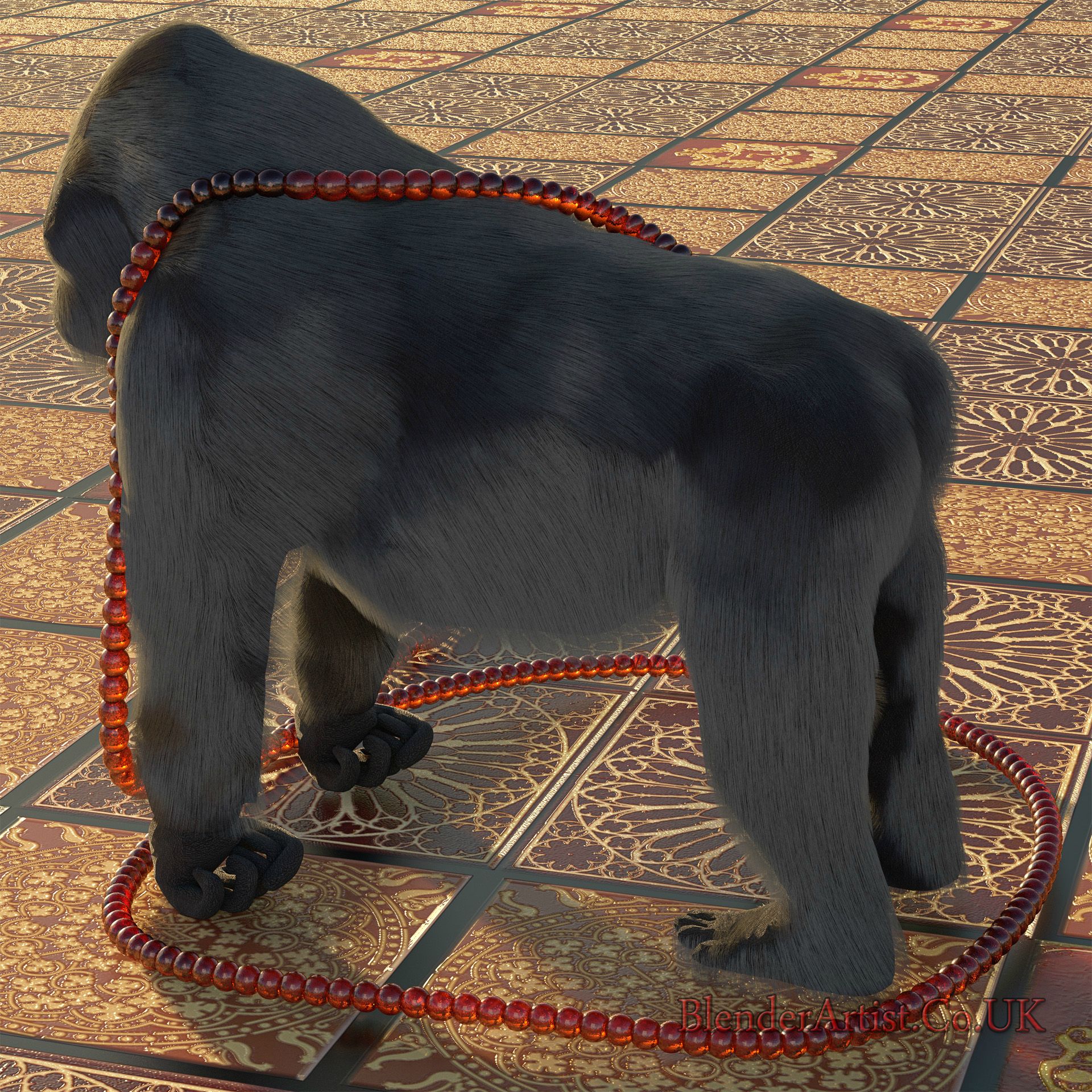 An exercise in the use of arrays, paths, curves and subdivision modifiers. The gorilla has 365,000 hair particles. The floor is a variety of medieval tiles I combined. All created in Blender 2.72. © BlenderArtist.Co.Uk 2014.