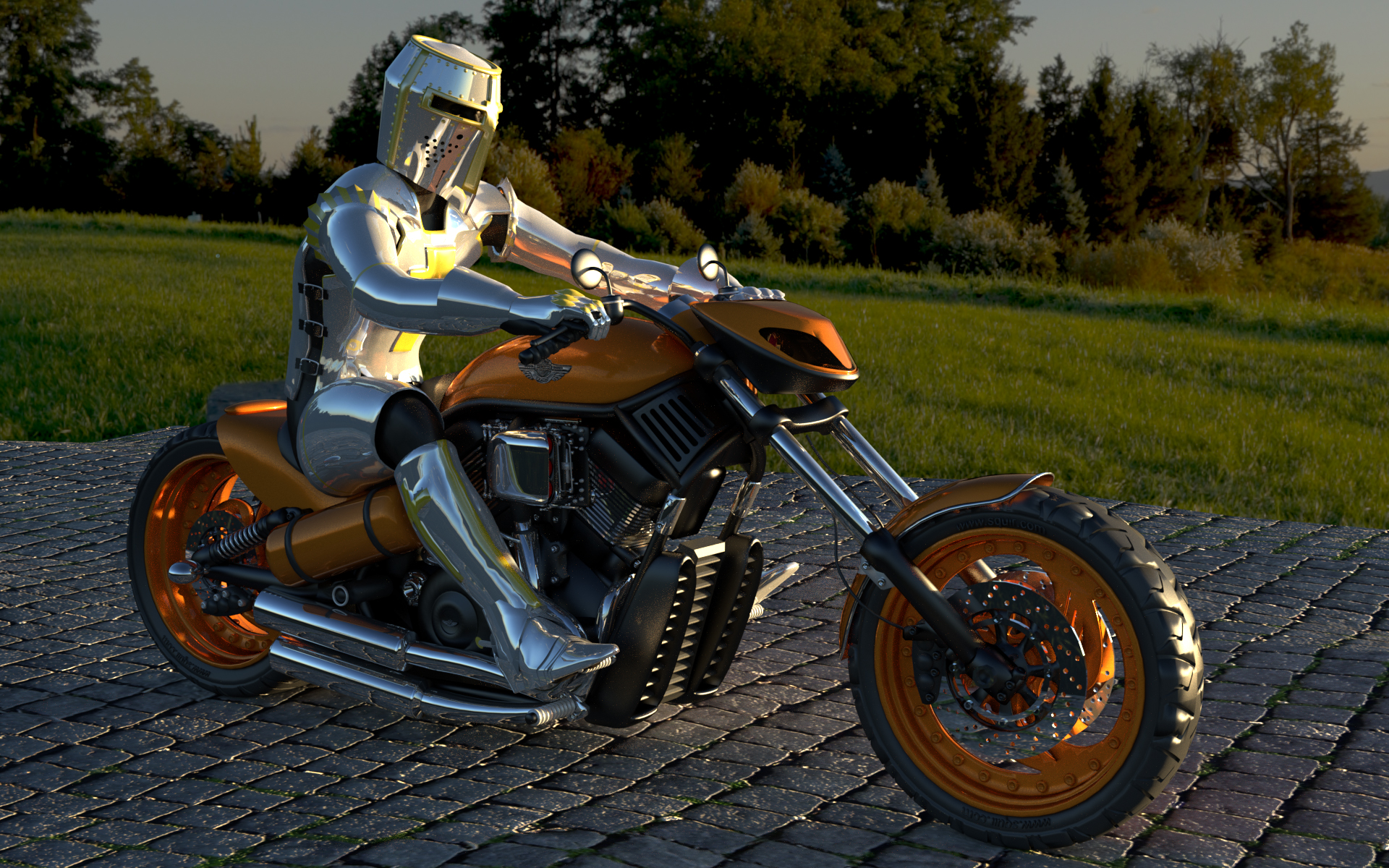 Lot of fun making this image. Good practice in creating smooth/hard edges. The glossy textures and a 10K HDRI makes plenty of noise and even at 5000 samples it's still noisy. More to do on this. Different Knights and bikes to build next.