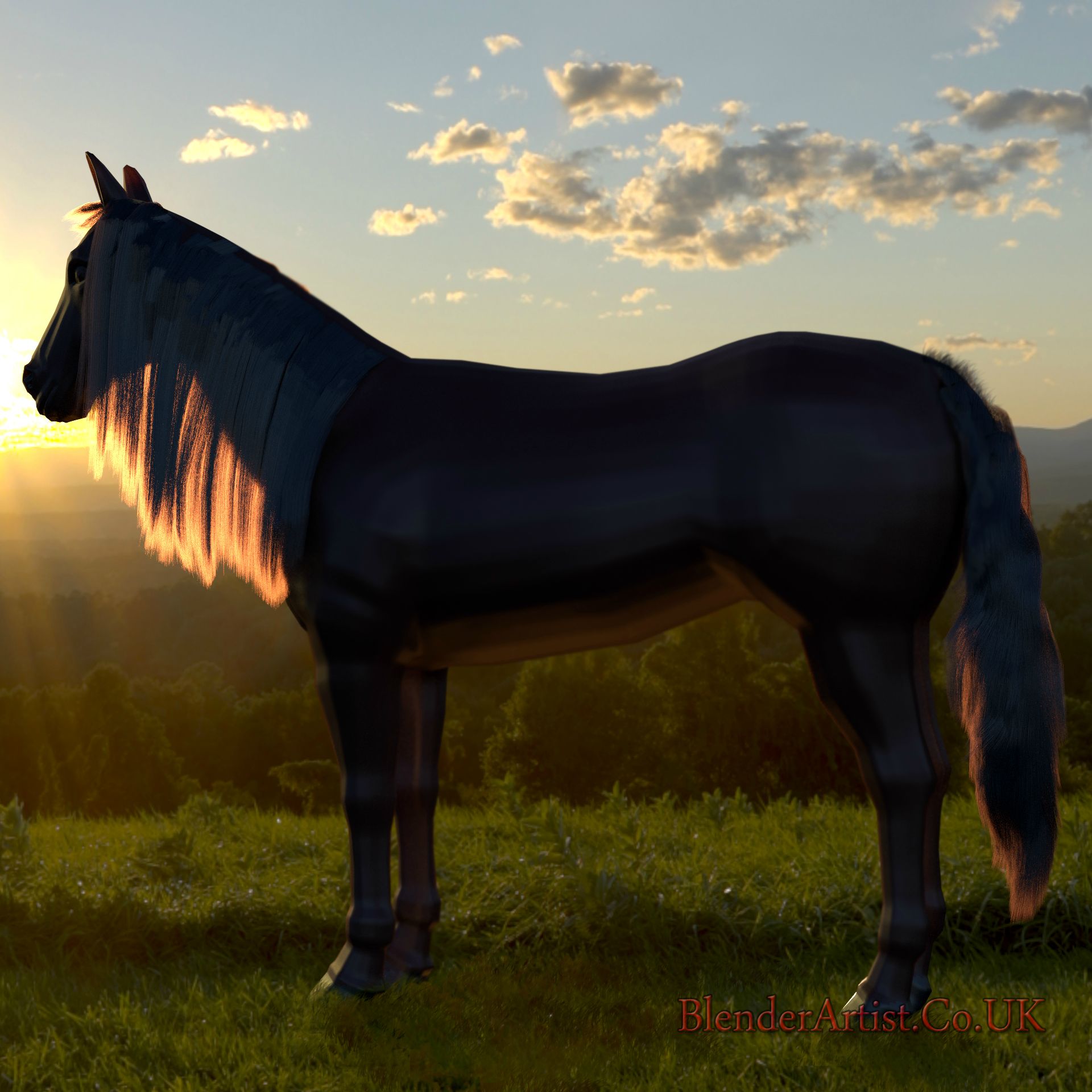 To capture the suns rays through the horses mane was the aim of this. The horse is blocky due to the low poly count but I like that as it works better for me than the high resolution alternative. © BlenderArtist.Co.Uk 2014.