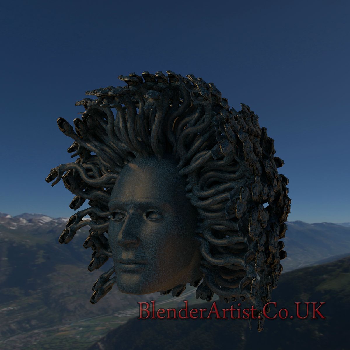 The Medusa of Greek Legend. In Blender 2.71. The snakes are a particle system based on a single object. © BlenderArtist.Co.Uk 2014.