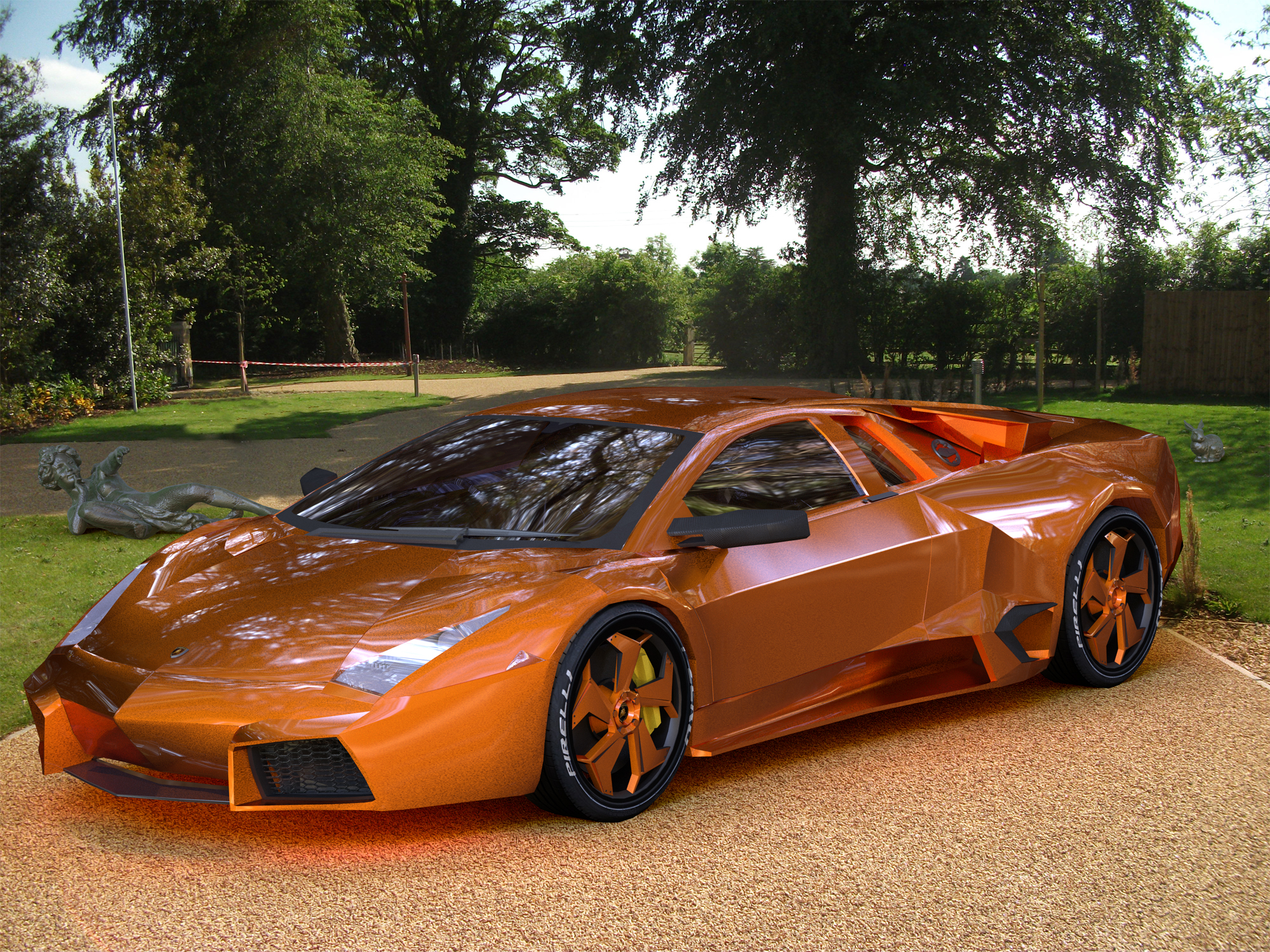 This Reventon has the McLaren Orange body colour.The back plate is a .jpg from a company selling driveways who will be using this render in promotional material.