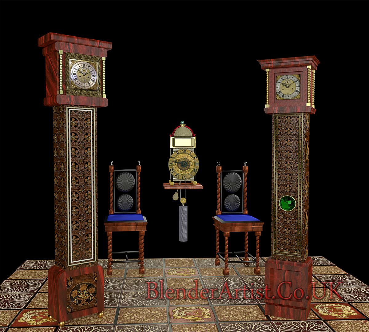 Two Tompion Style Longcase Clocks and a Lantern CLock. © BlenderArtist.Co.Uk 2014.